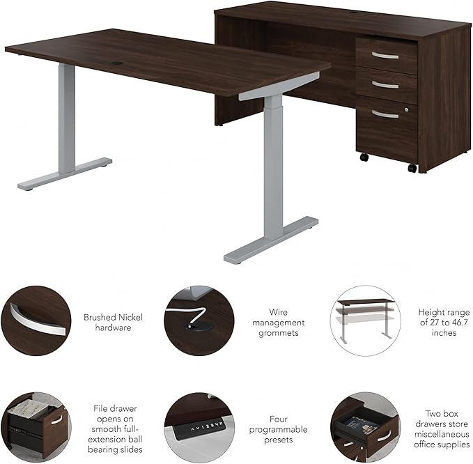 Bush Business Furniture Studio C 60W x 30D Height Adjustable Standing Desk, Credenza and Mobile File Cabinet in Black Walnut