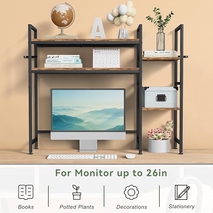 Desktop Bookshelf Hutch Desk Shelf 4 Tier Desktop Organizer Shelf for Computer Monitor 37.4" W Desk Hutch Organizer for Computer Desk Computer Desktop Bookcase for Home Office Dorm, Rustic Brown