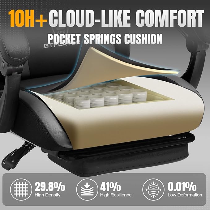 GTPLAYER Gaming Chair with Foot Rest & Pocket Spring Cushion, Ergonomic High Back Computer Chair with Headrest & 360°-Swivel Seat for Home Office Desk, PU Leather, Gray
