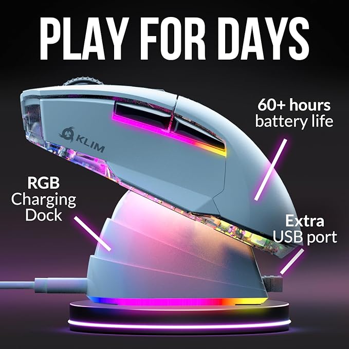 KLIM Blaze X RGB + New + Rechargeable Wireless Gaming Mouse with Charging Dock + Long-Lasting Battery + Up to 12000 DPI + Wired & Wireless Mouse PC, PS5, PS4, Mac + White