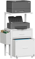 HIGDBFE 2-Drawer File Cabinet, Filing Cabinet with 2-Tier Printer Shelves, Office Cabinets with Side Bag&File Drawer for A4/Letter Size, Printer Stand with Storage for Home Office, White, 16.5" W
