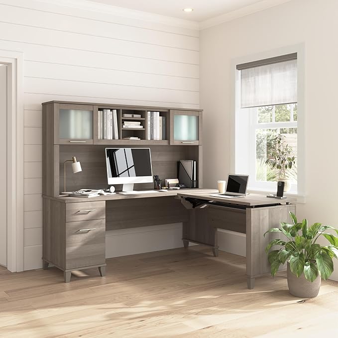 Bush Home Somerset 72W 3 Position Sit to Stand L Shaped Desk with Hutch in Ash Gray | Adjustable Height Table for Home Office