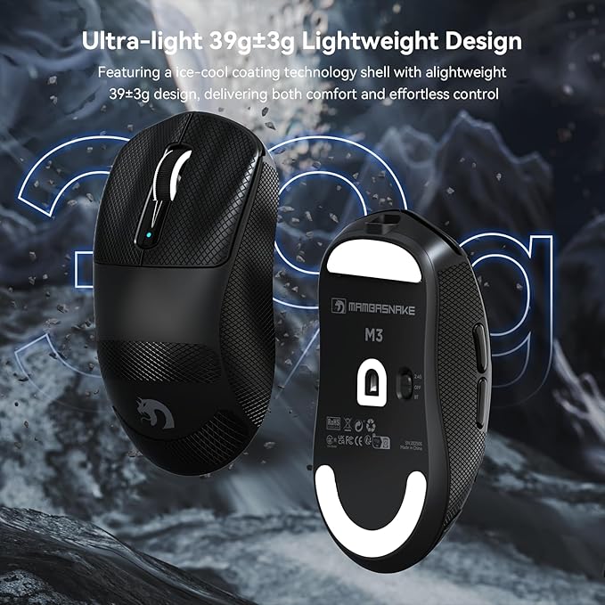 MAMBASNAKE M3 Wireless Gaming Mouse,40K DPI,39g Lightweight Gaming Mouse,PAW3395PRO Optical Sensor,Tri-Mode BT5.1/2.4G/USB-C PC Game Mice,Programmable Buttons,300mAh Battery for PC/Laptop/Mac-Griptape