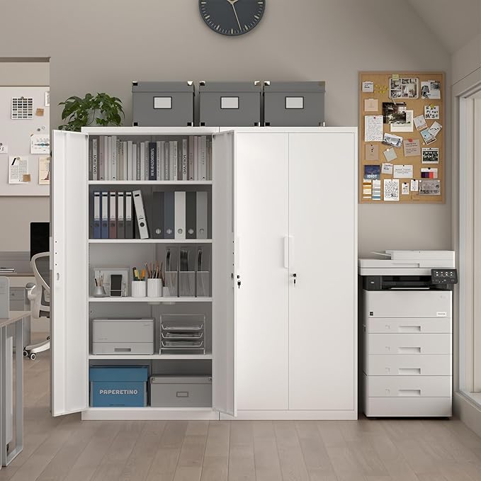 Metal Garage Storage Cabinets with Lock, 72" H White Storage Cabinet with Doors and Adjustable Shelves, Lockable File Cabinet, Steel Tool Cabinets for Home, Office, Garage, Shop, School