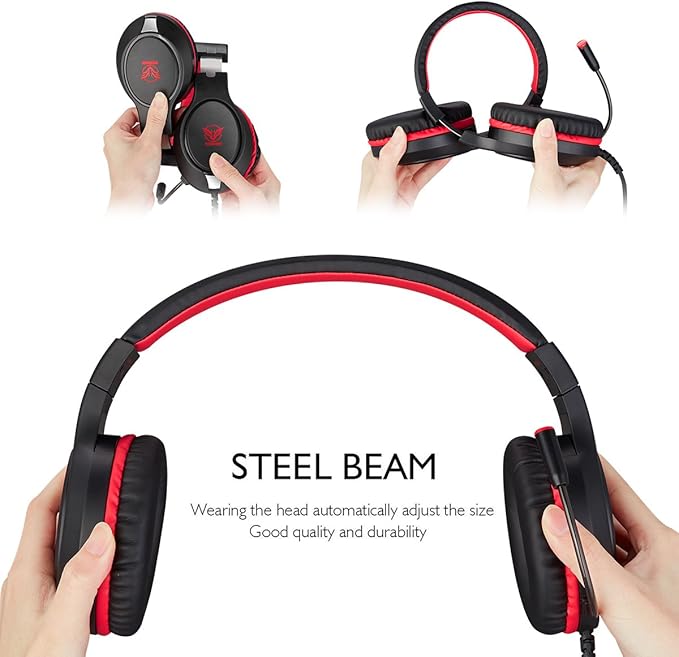 H-10 Gaming Headset for PS4, Xbox One, PC, PS5, Nintendo Switch, Stereo Wired Noise Cancelling Over Ear Headphones with Mic for Kids Adults, Bass Surround, Soft Memory Earmuffs, Red