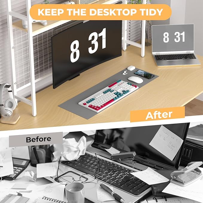 FAHKNS 2-Tier Desktop Bookshelf - Metal Desktop Bookshelf Organizer，Desk Book Organizer with 3 Hooks & DIY Storage Mesh，Suitable for Office/Game Room/Study/Powder Room（White）