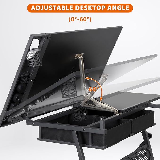 HomGarden Height Adjustable Drafting Desk Drawing Table Art Craft Work Station w/Stool, Storage Drawers for Home Office Study Room, Black