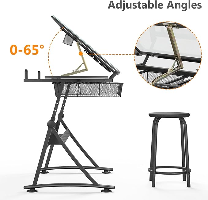 OS MOTOR Adjustable Height Drafting Table with Glass Top, Art Craft Desk with Slide-Out Drawers, Storage, for Drawing, Writing, Painting, and Creative Tasks, Ideal for Home Office