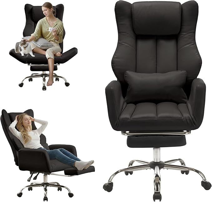 Ergonomic Cross Legged Office Chair with Footrest,Big and Tall Leather Executive Chair with Reversible Armrest,Lumbar Pillow and Wheels,155° Reclining Computer Wide Desk Chair for Home,Office (Black)