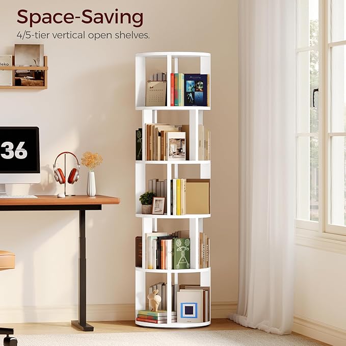 MAHANCRIS 5-Tier Rotating Bookshelf, 360° Spinning Bookshelf Tower, Floor Standing Round Revolving Bookcase, Display Rack for Books, CDs, for Living Room, Study, Bedroom, White BKWT6501