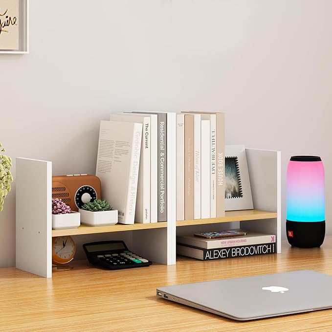 White Desk Organizers and Storage Small Desktop Bookshelf Length Expandable Desk Organization Shelves Counter Corner Book Shelf Adjustable Narrow Book Organizer for Desk Countertop