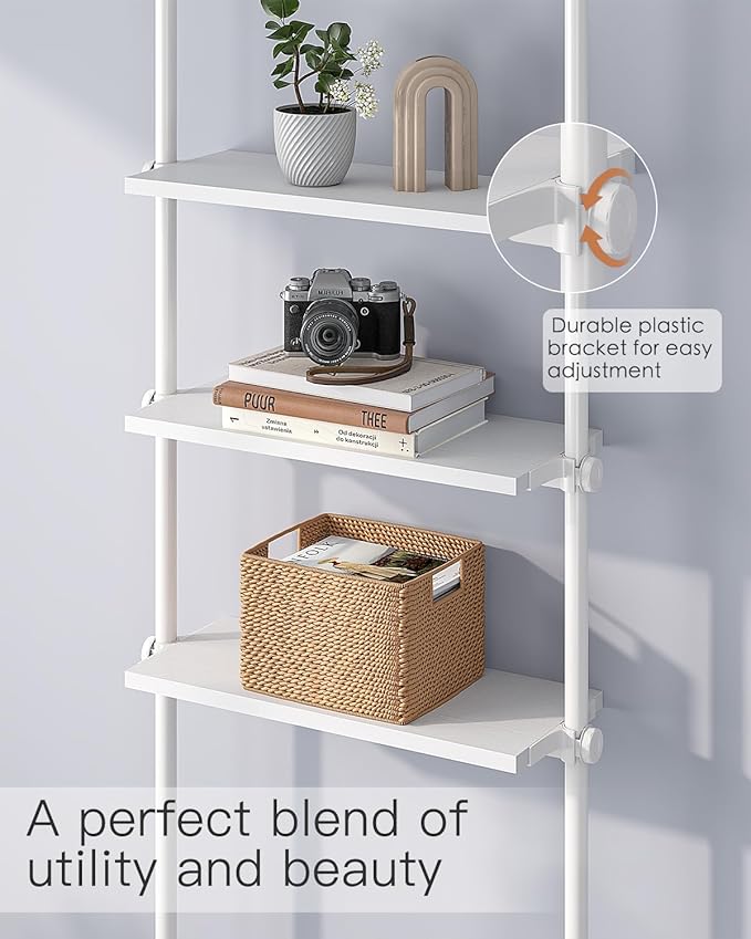 ALLZONE 5 Tiers Narrow Bookshelf, Tall Adjustable Ladder Book Shelf with Open Storage, Floor to Ceiling Tension Mount, Wooden Industrial Bookcase for Living Room, 92 to 116 Inch, White