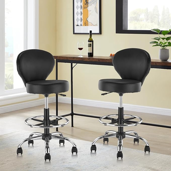 KLASIKA PVC Faux Leather Drafting Chair Set of 4 Rolling Swivel Salon Stool with Back Foot Rest Adjustable Hydraulic Seat Height 30 Inch Diameter 15 in Lumbar Support for Massage Facial Spa 2 Pack