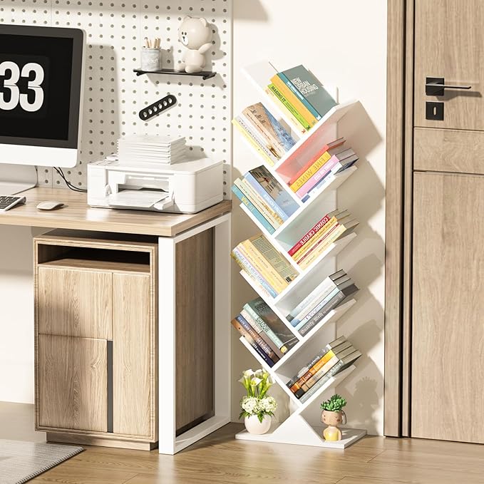 SHEEPAM 10 Tier Tree Book Shelf, Floor Standing Wood Bookshelf for Narrow Space, Storage Organizer Bookshelves for Books/CDs/Magazine, Bookcase with Shelves for Home Office, Living Room - White