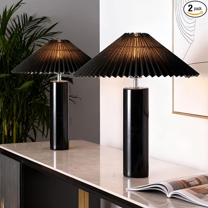 EOEYYOYB Ceramic Table Lamps for Bedroom Set of 2, Adjustable Shade Lamps for Night Stands, Modern Cylindrical Nightstand Table Lamps 5W E26 for Bedroom Bedside Buffet, Black