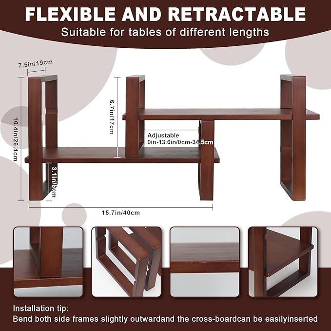 Desk Shelf, 100% Solid Wood Adjustable Desktop Bookshelf, No Tools or Nails Required Retro Tabletop Bookshelf, 130lb Load Capacity for Living Room, Office, for Books, Cookbooks, Walnut Colour