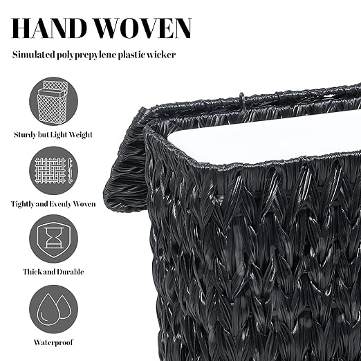Coeusy Black Wicker Trash Can with Lid and Liner,Waterproof Narrow Waste Basket for Bathroom,Bedroom,Office,3 Gallon