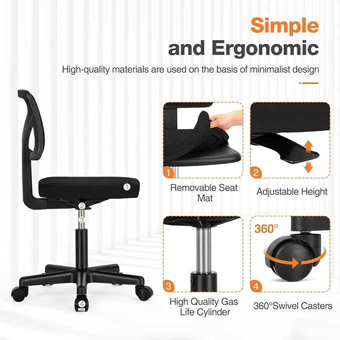 Sweetcrispy Small Office Desk Chair, Ergonomic Low-Back Mesh Rolling Work Swivel Chairs with Wheels, Armless Comfortable Seat Lumbar Support for Home, Bedroom, Study, Student, Adults,Classic Black