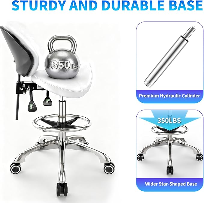 Saddle Chair with Back Support - Tilted Backrest, Adjustable Foot Rest, 350 LBS Capacity Ergonomic, 360° Swivel Drafting Chair for Salon, Spa, Massage, Tattoo, Facial lash, Home, Dentist (White)