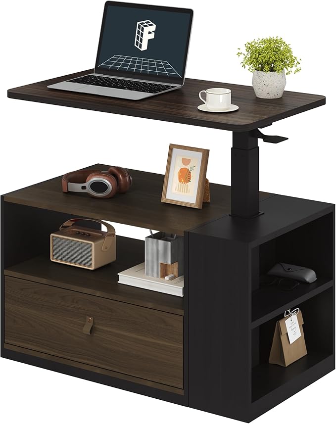 FLEXISPOT H7 CAB Height Adjustable Sit-Stand Computer Workstation Desk with Storage, Pneumatic Lift Laptop Desk with Drawer & Cabinet, Compact Small Space Home Office Desk (25.8"–41.3", Walnut)