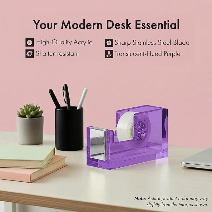 OfficeGoods Acrylic Tape Dispenser – Modern Desk Organizer for Office Supplies, Heavy Duty Refillable Tape Holder for Home and School Crafting, Stylish Desktop Accessory for Gift Wrapping, Purple