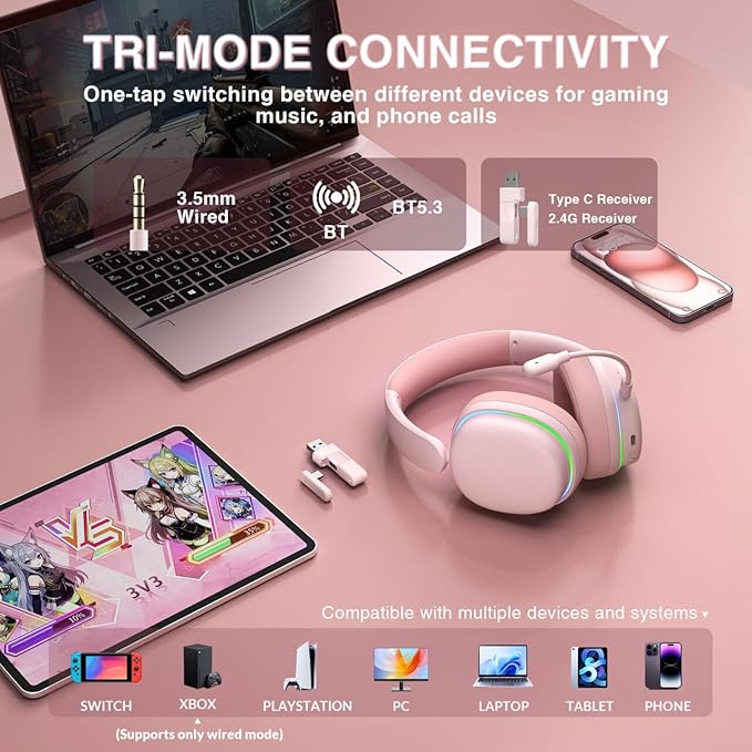 AULA G7 Pro Wireless Gaming Headset with 7.1 Surround Sound, 40mm Driver, BT5.3 Gaming Headphones with Mic, RGB, 10ms Latency, 65H Battery, Pink Gaming Headset for PS5,PS4, Switch,Xbox,PC,Phone, Mac