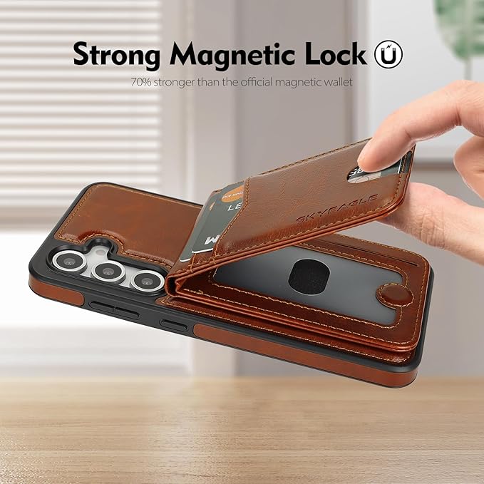 SkyEagle Compatible with Magsafe 2 in 1 Detachable Samsung Galaxy S25 Plus Wallet Case with Card Holder,Women Men Magnetic PU Leather RFID Blocking Flip Folio Kickstand Credit Slots,Brown