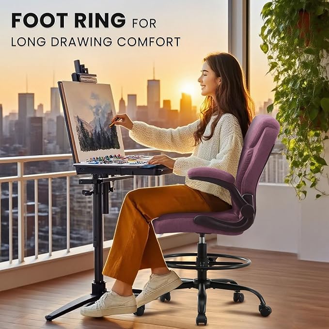 MAHOMICO Drafting Chair for Standing Desk – Tall Office Chair with Adjustable Height & Foot Ring, Flip-Up Arms, Lumbar Support – Comfortable Fabric Seat, Ideal Home Desk Chair