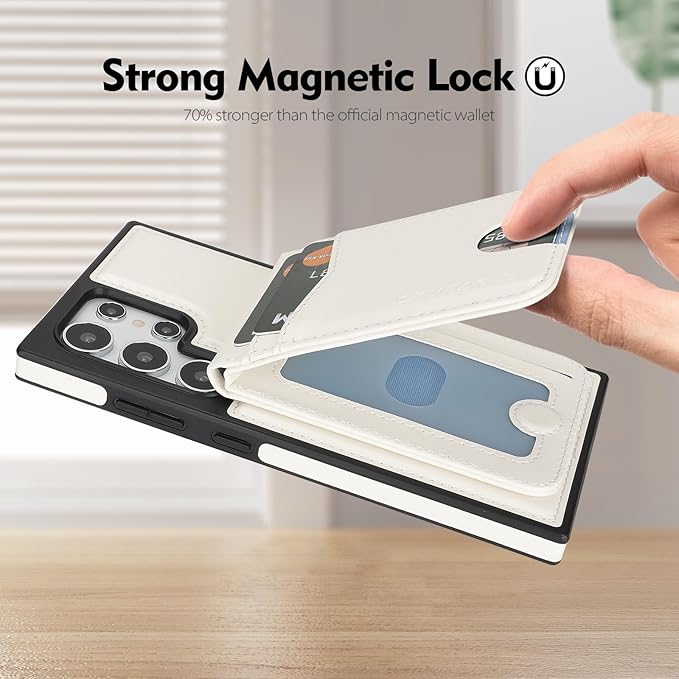SkyEagle Compatible with Magsafe 2 in 1 Detachable Samsung Galaxy S25 Ultra Wallet Case with Card Holder,Women Men Magnetic PU Leather RFID Blocking Flip Kickstand Credit Slots,White