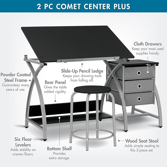 SD Studio Designs 2 Piece Comet Center Plus, Craft Table and Matching Stool Set with Storage and Adjustable Top, Silver/Black