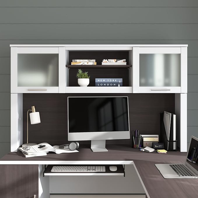 Bush Home 60-Inch Desk Hutch, Office Storage Organizer with Shelves, Cubbies and Frosted Glass Doors for Computer Desk, Home Office Furniture, Somerset Collection, Storm Gray and White