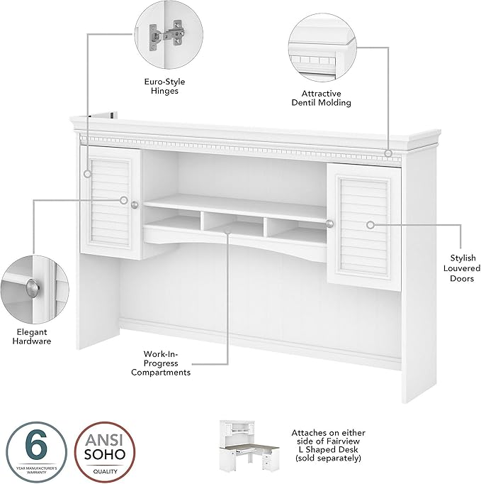Bush Furniture Fairview L Shaped Desk with Hutch and 5 Shelf Bookcase, Shiplap Gray/Pure White