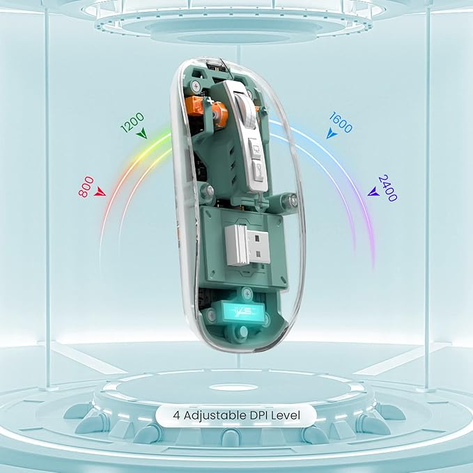 A.JAZZ Wireless Bluetooth5.1&2.4G Mini Lightweight Mouse,Transparent Clear Cool,Rechargeable Silent Computer Mice,Nano USB C Receiver,LED Battery Magic Silm for Office/PC/Mac/Laptop/Apple/ipad(Green)