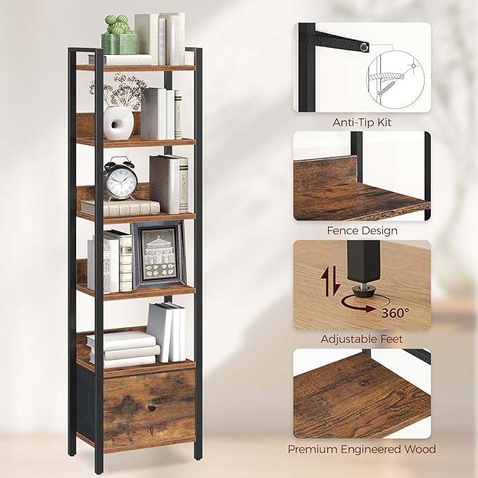 MAHANCRIS Bookshelf, 6-Tier Bookcase with Drawer, Small Book Shelf for Small Space, Storage Shelf Organizer, for Living Room, Bedroom, Study, Kitchen, Rustic Brown and Black BKHR66101