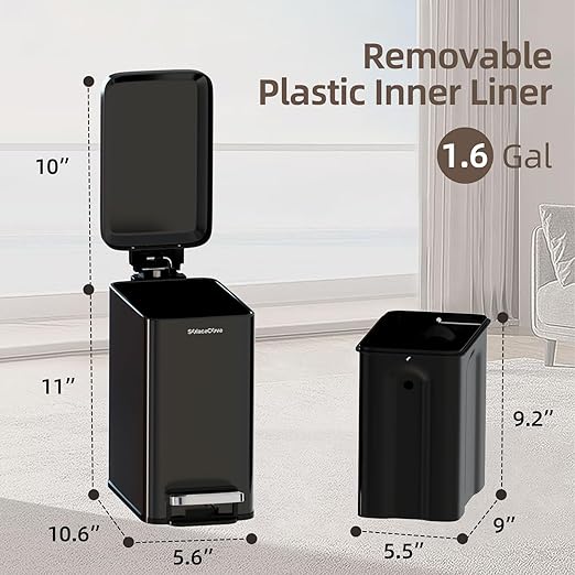 Slim Bathroom Trash Can with Lid, 6 Liter/1.6 Gallon Stainless Steel Small Garbage Can with Removable Inner Bucket, Step Pedal, Slim Wastebasket for Toilet, Office, Bedroom, Black