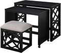 Benzara Syna 3 Piece Nesting Desk and Stool Set, Black Wood, Gray Polyester