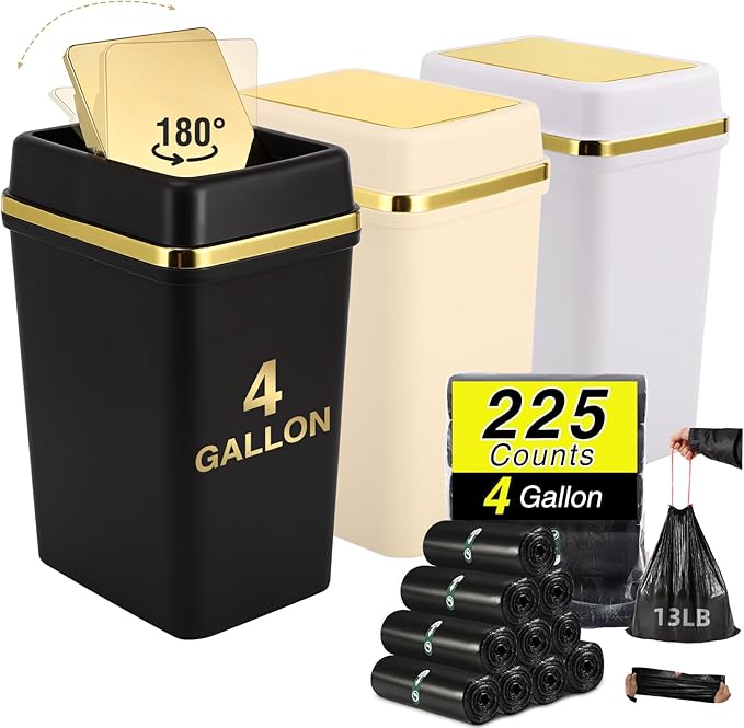 Bathroom Trash Can with Lid 4 Gallon Small Trash Can with Swing Lid Black/White/Beige Bathroom Garbage Can with 225 Counts Trash Bags for Kitchen Bedroom Office
