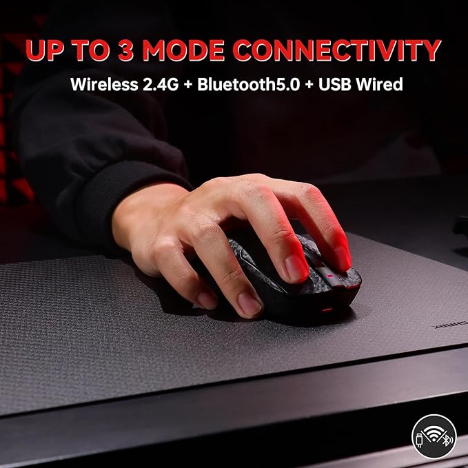 A.JAZZ Ajazz AJ199 Wireless Gaming Mouse Ultra-Lightweight 55g Tri-Mode Connection 24000 DPI PAW3311 Sensor Carbon Fiber Shell 500mAh Battery 1K Polling Rate Durable & Anti-Slip Design Black