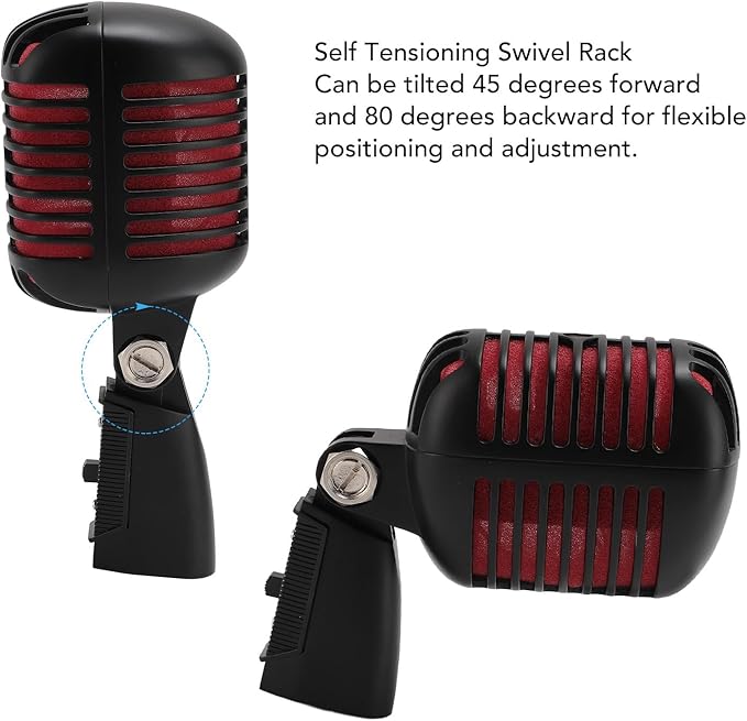 Classic Retro Microphone, Vintage Dynamic Microphone, Zinc Alloy Self Tensioning Rotating Rack, Unidirectional Cardioid Mic, Universal Stand Compatible (Black)