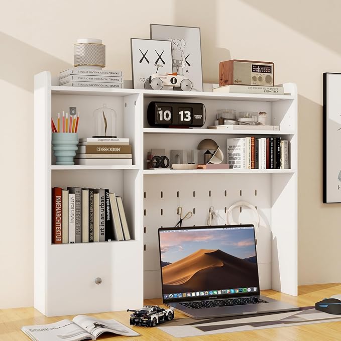 ELECWISH Desktop Bookshelf, Desk Shelf with 2 Drawers for Computer Desk, 36.22" 7-Tier Adjustable Desktop Hutch Organizer with Pegboard for Home Office, Oak