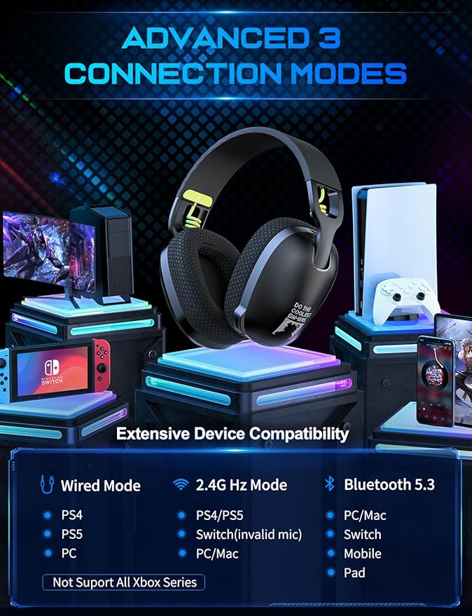 FEIYING Wireless Gaming Headset, Wireless Bluetooth Gaming Headphones, 2.4GHz USB Wired Built in Mic, Bluetooth 5.3 Gaming Headset Compatible with PS5, PS4, Switch, PC, Mac