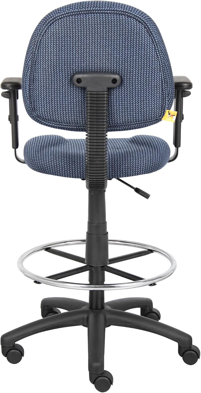 Benzara Jea Drafting Stool Chair, Adjustable Arms, Blue Tweed, Round Footring