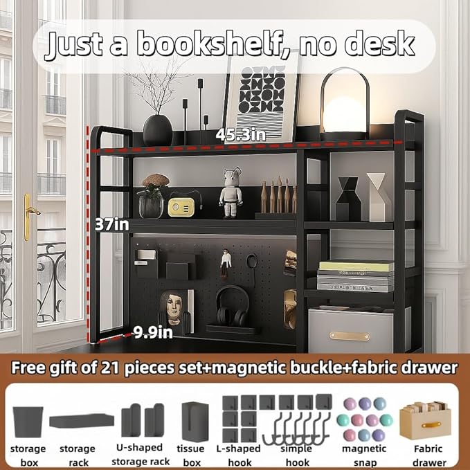 Desktop Bookshelf, pegboard Storage and Organization Rack, Dorm Desk Shelf, Desk Hutch, Desktop Storage for Office, Study, Student Display Rack,Desktop Shelves (Black 45.3" Lx9.9 Wx37 H)