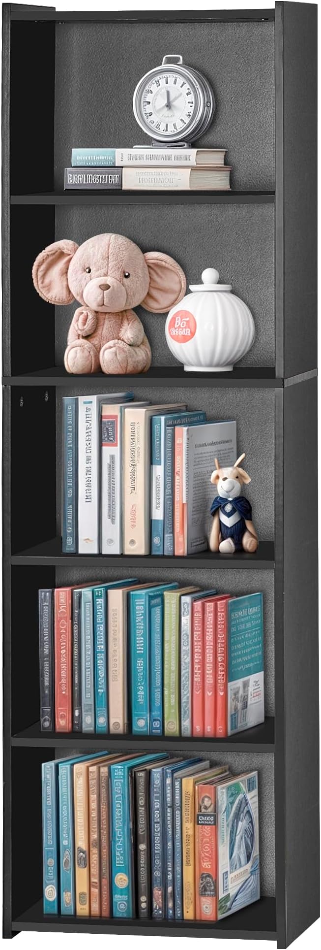 5 Tier Open Bookshelf, 52 Inch Bookcase Storage Rack for CDs Movies Book, Freestanding Wood Open Bookshelf for Living Room Bedroom Study Office, Black