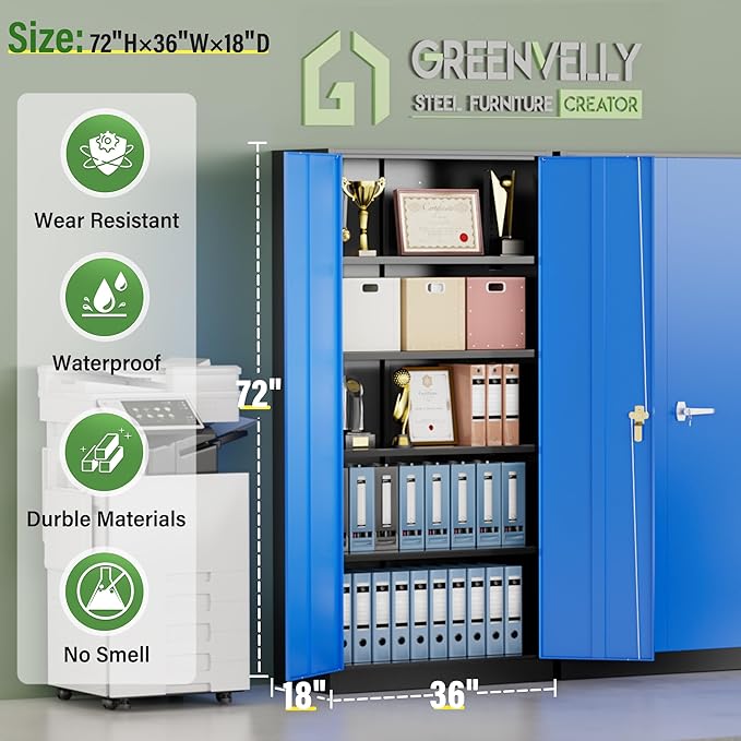 Greenvelly Metal Storage Cabinet, 72" Steel Garage Cabinet with Doors and Adjustable Shelves, Metal Cabinet with Lock,Tall Metal Office Storage Cabinet for Garage,Home Office,School (Black Blue)