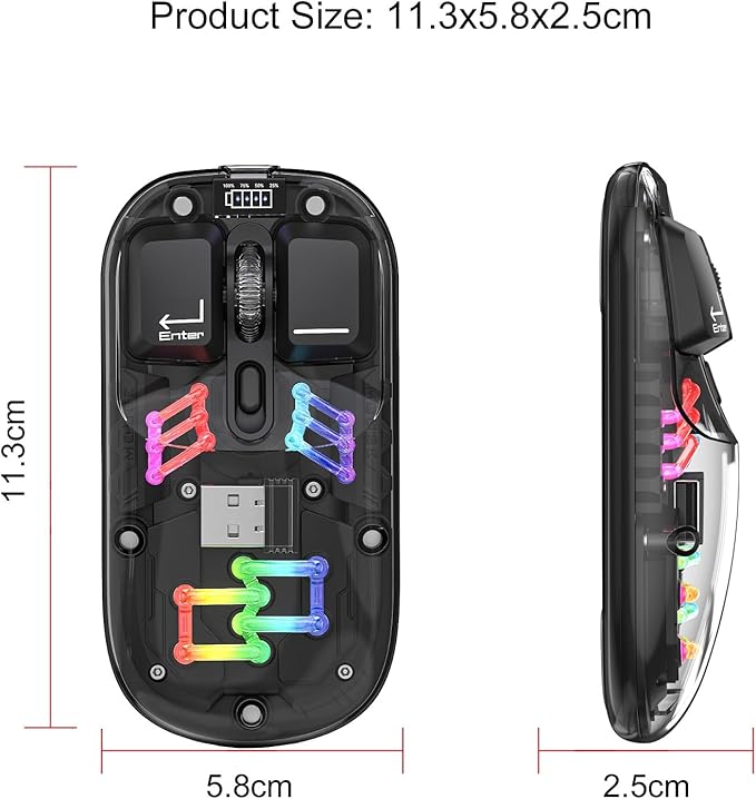 Wireless Bluetooth Mouse, Transparent BT + 2.4G Dual-Mode Mechanical Mouse with Magnetic Top Cover, Rechargeable RGB Backlit Gaming Mouse for Gaming/Esports/Desktop/Laptops/Tablets (Black)