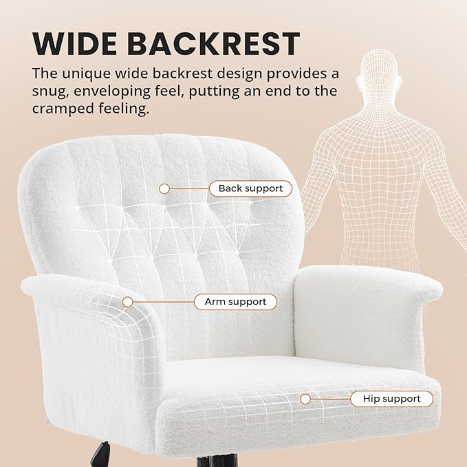 IWMH Home Office Desk Chair, Teddy Fabric Cozy Desk Chair with Wheels and Arms, Modern Upholstered High Back Wide Seat Vanity Chair for Bedroom Living Room Makeup (White)
