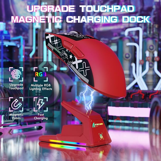 ATTACK SHARK X1 Ultralight Wireless Gaming Mouse with Magnetic RGB Charging Dock,Anti Slip Grip Tape,PixArt PAW3395 Pro Sensor,40000DPI,BT/2.4Ghz/Wired,Optical Micro Switch for PC Mac Gamer(Red)