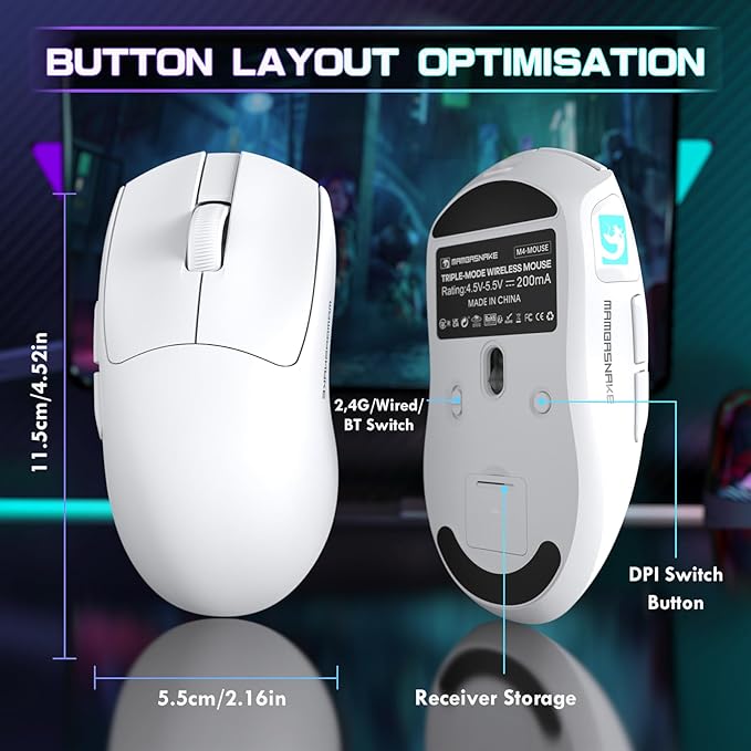 ATTACK SHARK × MAMBASNAKE M4 Wireless Gaming Mouse, 24000 Adjustable DPI PAW3311 Optical Sensor, Programmed Buttons, 52g Lightweight Ergonomic Computer Mice 2.4G/BT/USB-C for PC/Mac-White