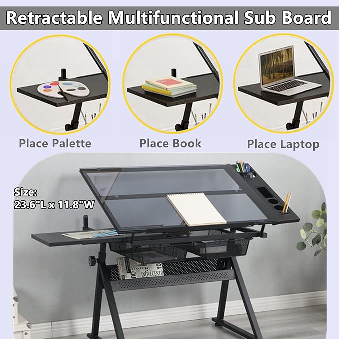 Drafting Table for Artists, Height Adjustable Glass Drawing Table with Stool, Ergonomic Art Table with 0-75° Tilting Tabletop and More Storage for Home Office, Type 1-Black